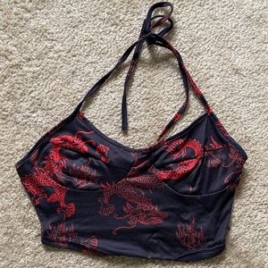 Chinese Dragon Print Asymmetrical Hem Crop Halter Top